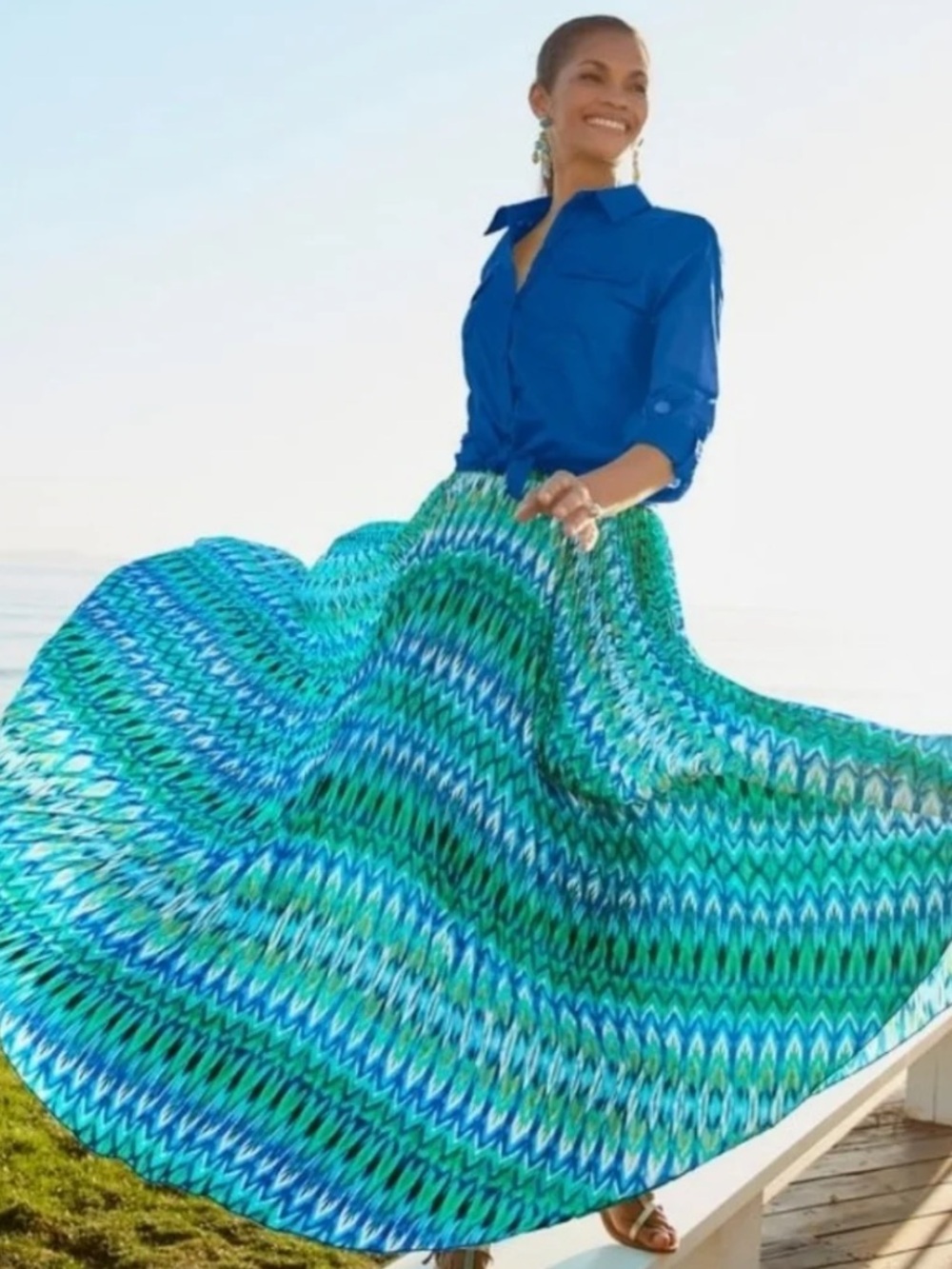 Chico’s Ikat Pleated Maxi Skirt Blue Green Size 2 Large